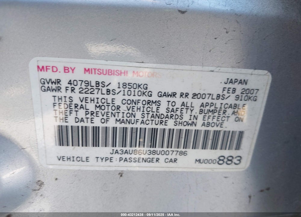 2008 MITSUBISHI LANCER GTS VIN: JA3AU86U38U007786
