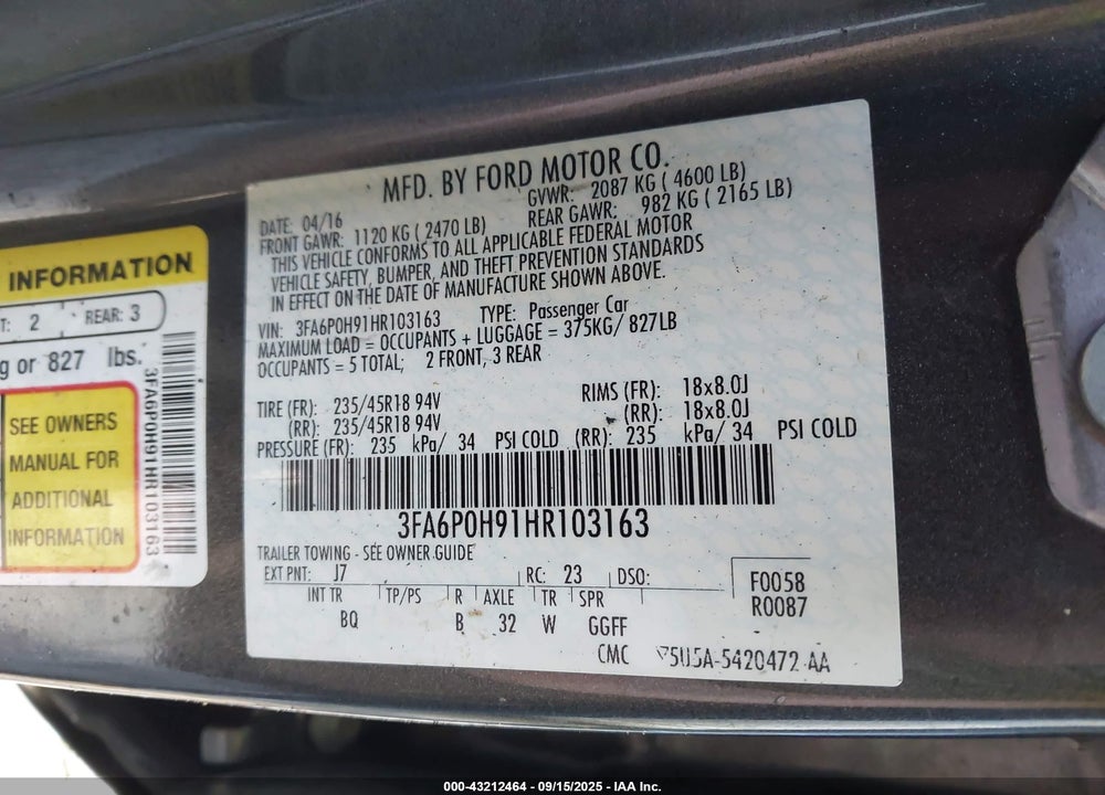 2017 FORD FUSION VIN: 3FA6P0H91HR103163