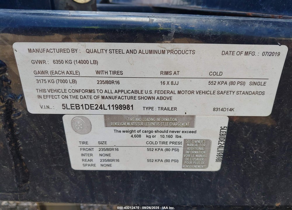 2020 QUALITY TRAILER VIN: 5LEB1DE24L1198981