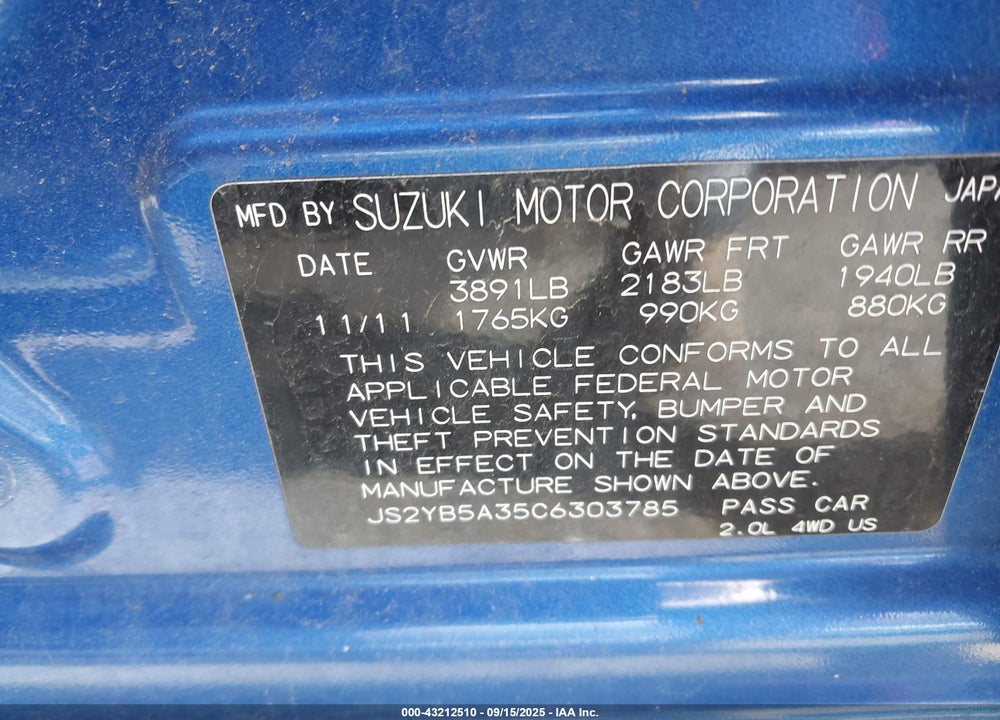 2012 SUZUKI SX4 VIN: JS2YB5A35C6303785