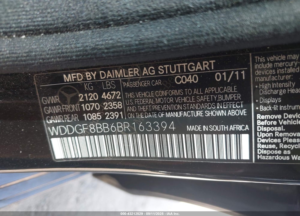 2011 MERCEDES-BENZ C CLASS VIN: WDDGF8BB6BR163394