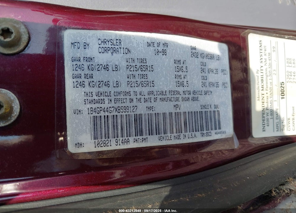 1999 DODGE GRAND CARAVAN SE VIN: 1B4GP44G7XB599127