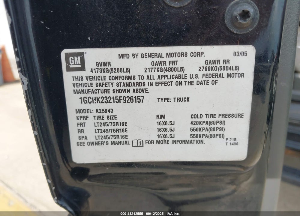 2005 CHEVROLET SILVERADO 2500HD LT VIN: 1GCHK23215F926157