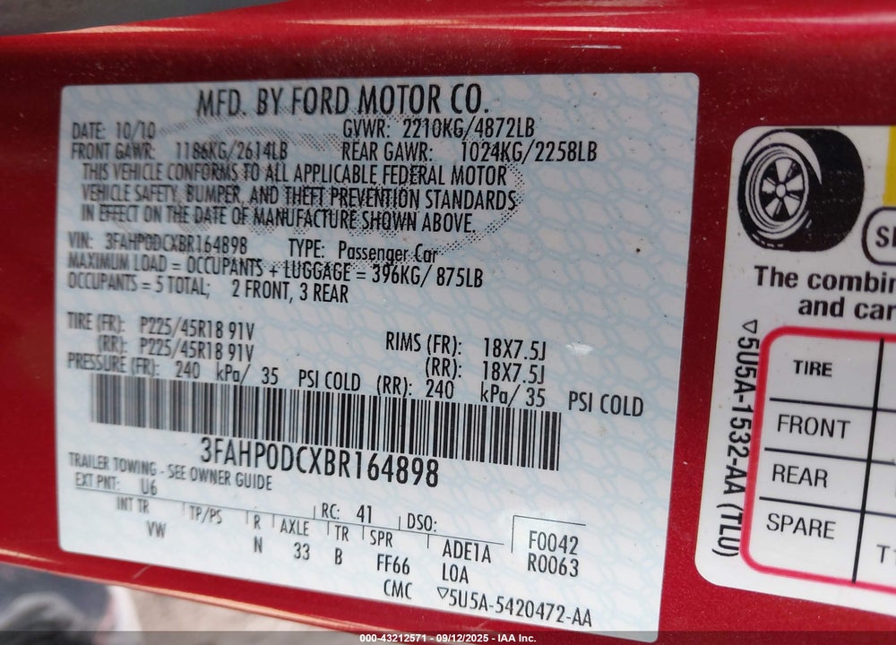 2011 FORD FUSION VIN: 3FAHP0DCXBR164898