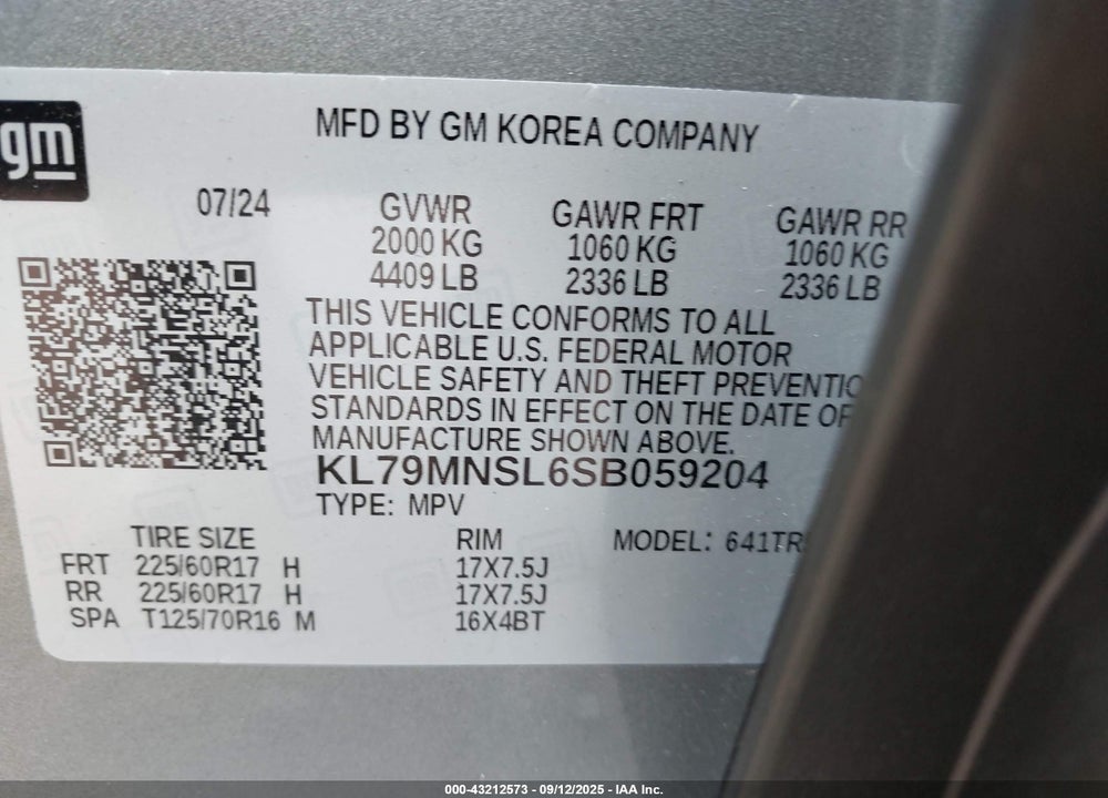 2025 CHEVROLET TRAILBLAZER AWD LS VIN: KL79MNSL6SB059204