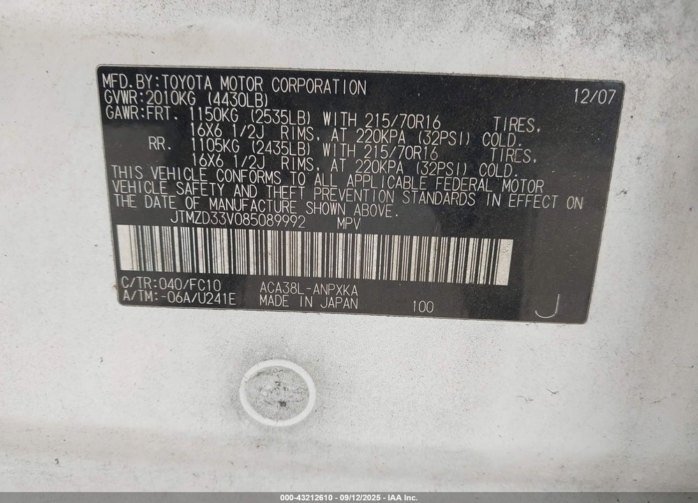 2008 TOYOTA RAV4 VIN: JTMZD33V085089992