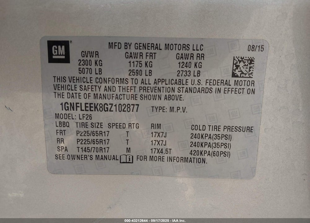 2016 CHEVROLET EQUINOX LS VIN: 1GNFLEEK8GZ102877
