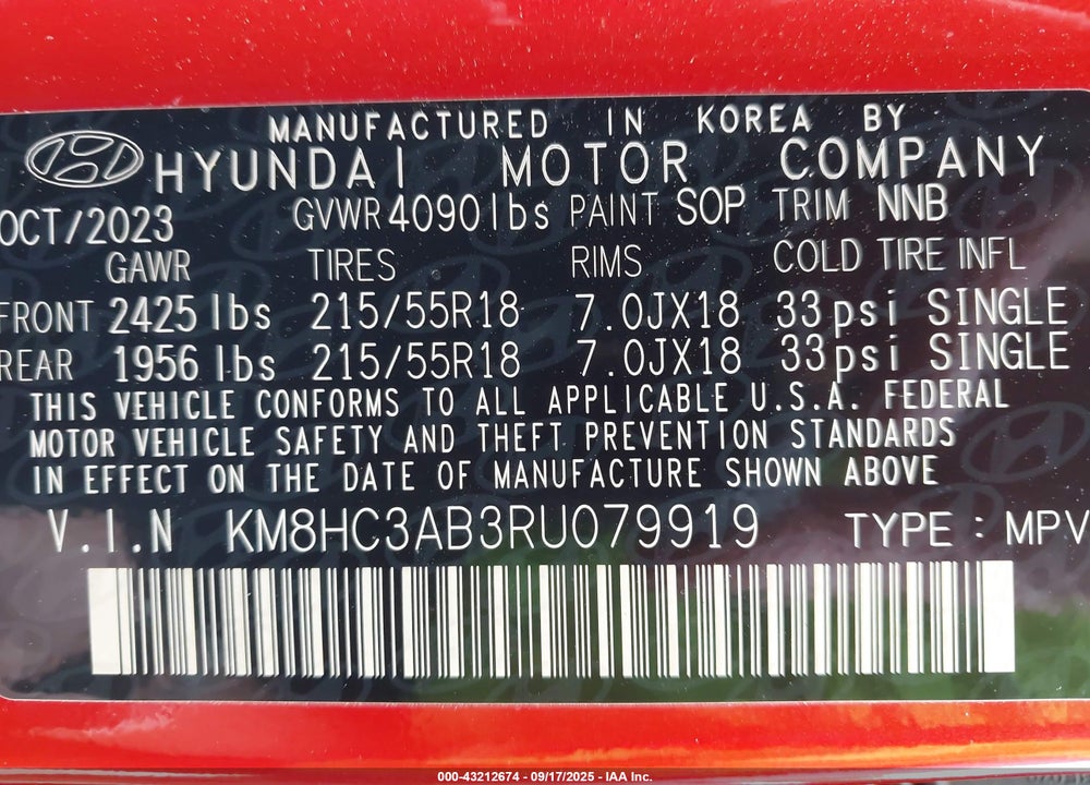 2024 HYUNDAI KONA VIN: KM8HC3AB3RU079919
