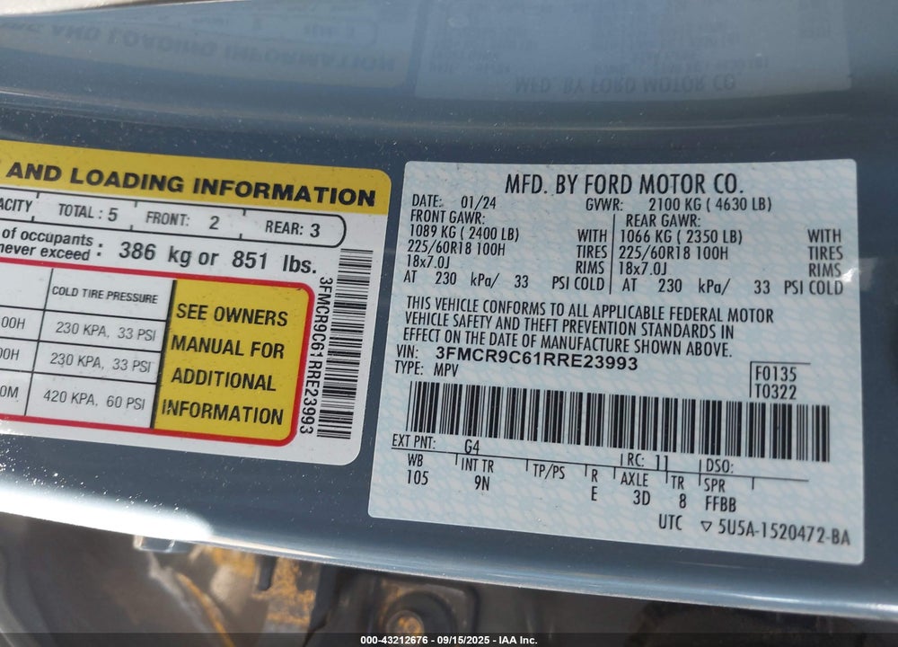 2024 FORD BRONCO SPORT VIN: 3FMCR9C61RRE23993