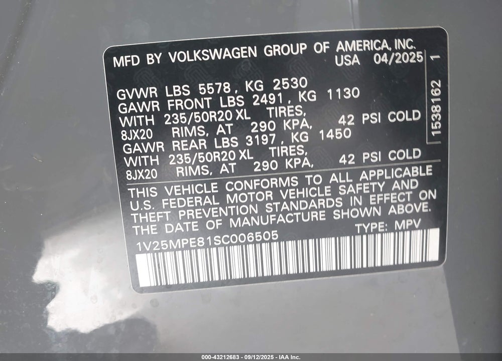 2025 VOLKSWAGEN ID.4 S LIMITED VIN: 1V25MPE81SC006505