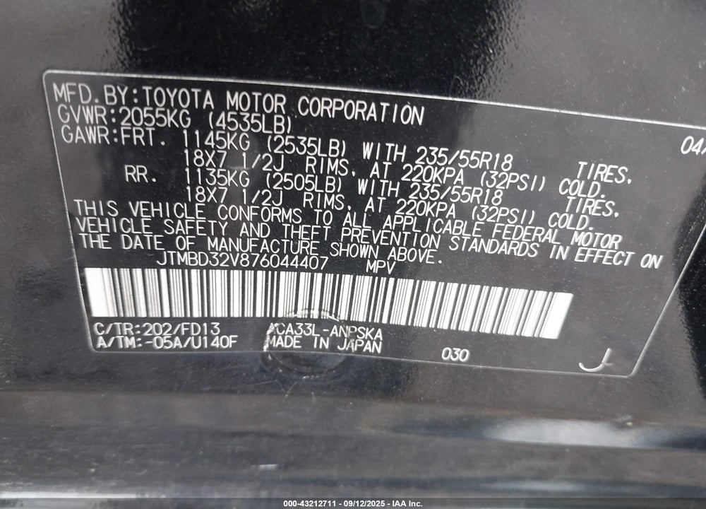 2007 TOYOTA RAV4 SPORT VIN: JTMBD32V876044407