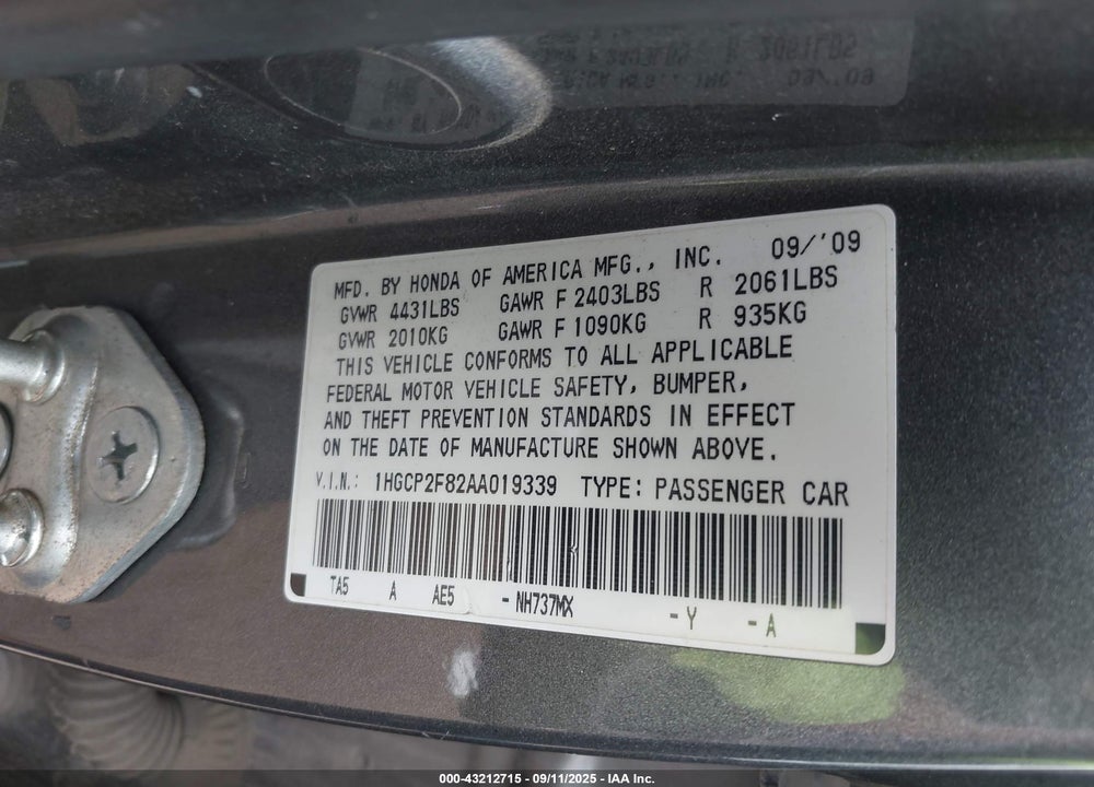 2010 HONDA ACCORD VIN: 1HGCP2F82AA019339