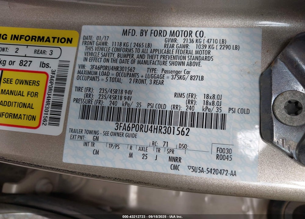 2017 FORD FUSION HYBRID TITANIUM VIN: 3FA6P0RU4HR301562
