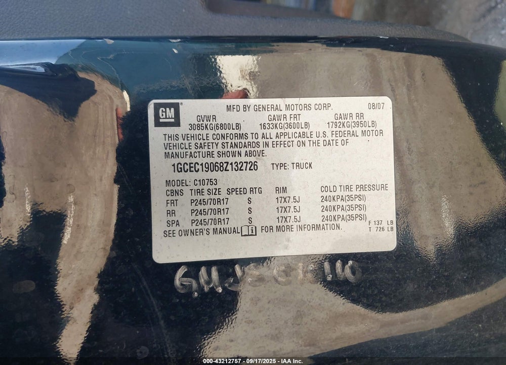 2008 CHEVROLET SILVERADO 1500 VIN: 1GCEC19068Z132726