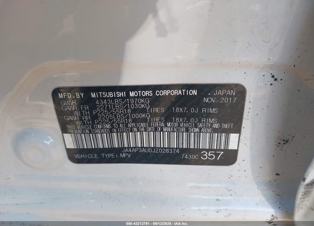 2018 MITSUBISHI OUTLANDER SPORT 2.0 ES VIN: JA4AP3AU0JZ028374