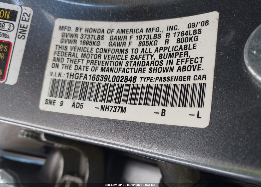 2009 HONDA CIVIC EX VIN: 1HGFA16839L002848