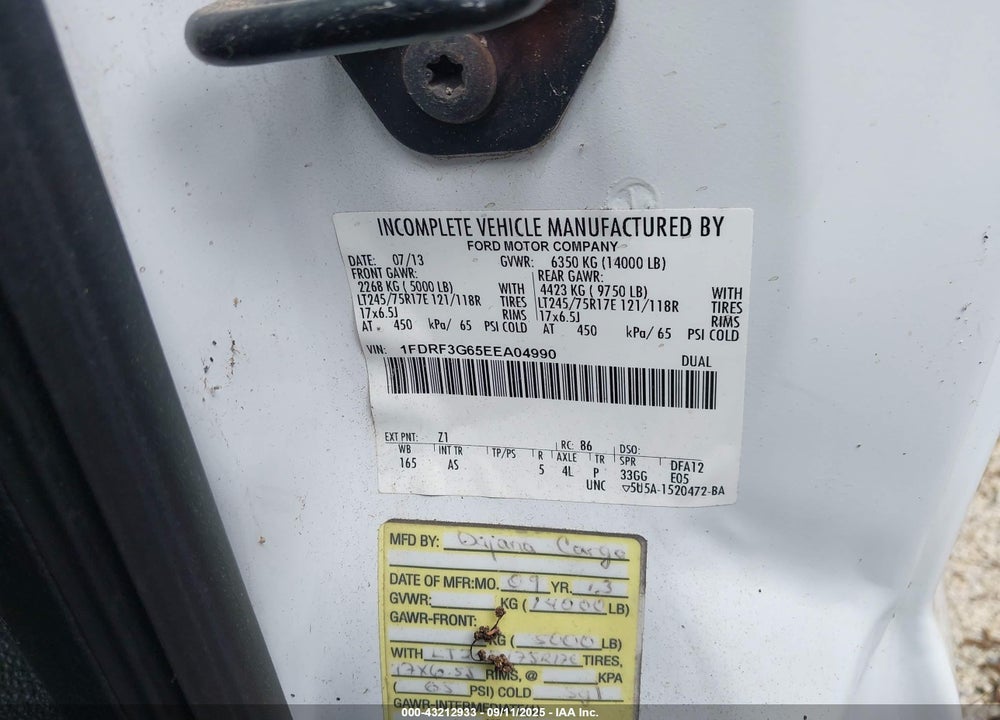 2014 FORD F-350 CHASSIS XL VIN: 1FDRF3G65EEA04990