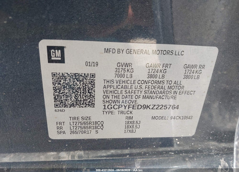 2019 CHEVROLET SILVERADO VIN: 1GCPYFED9KZ225764