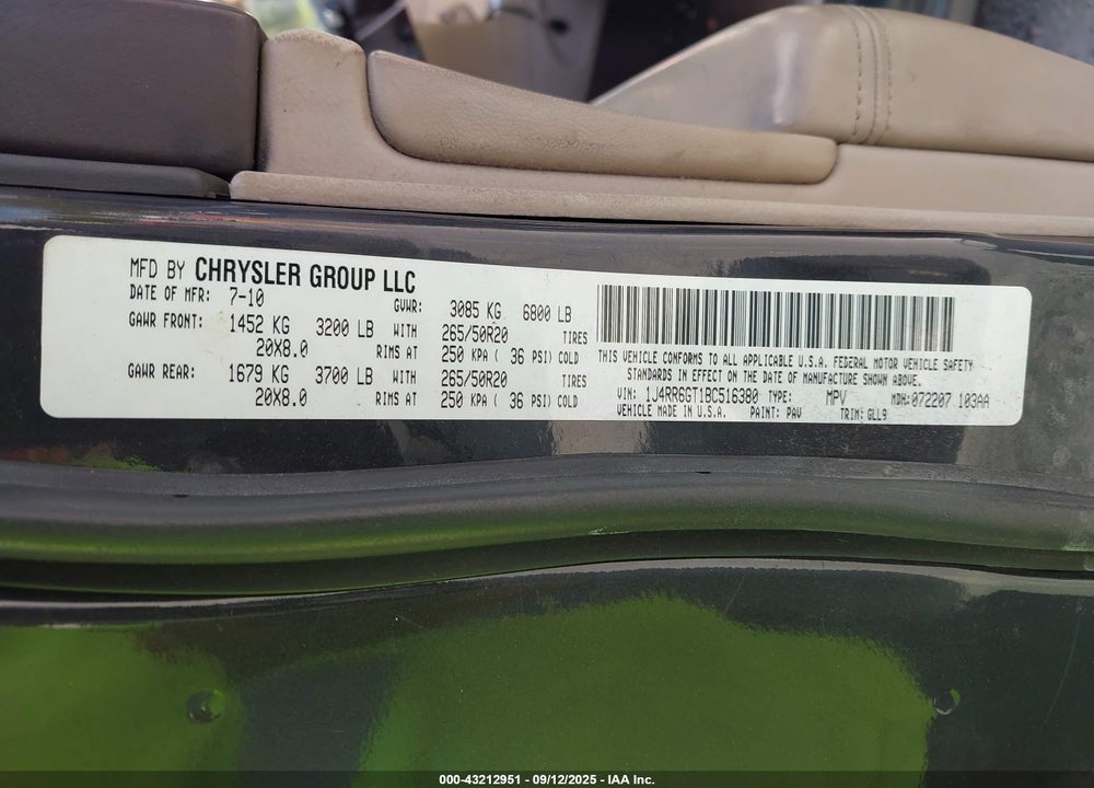 2011 JEEP GRAND CHEROKEE VIN: 1J4RR6GT1BC516380