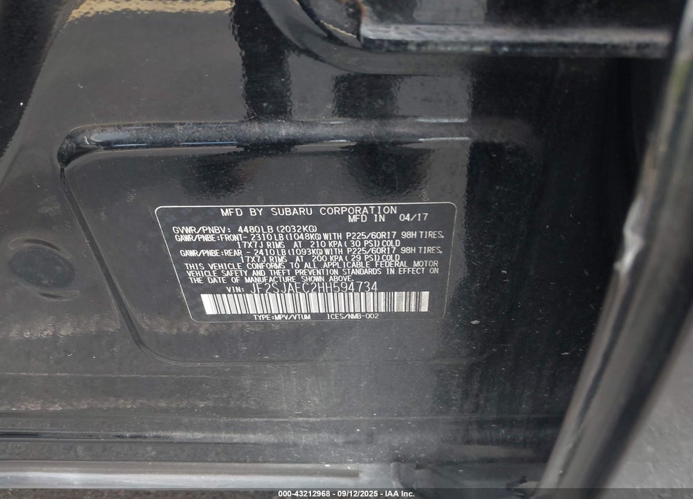 2017 SUBARU FORESTER VIN: JF2SJAEC2HH594734