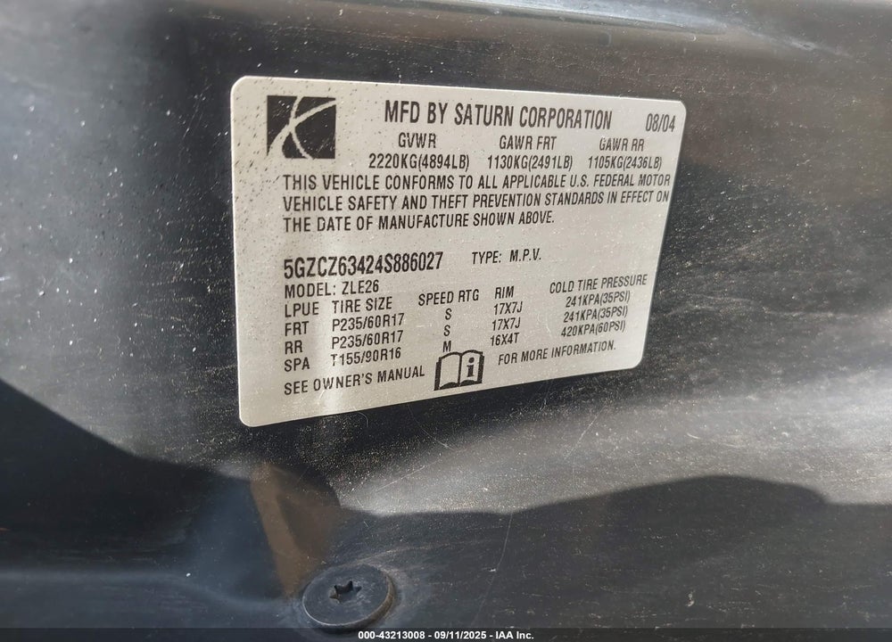 2004 SATURN VUE V6 VIN: 5GZCZ63424S886027