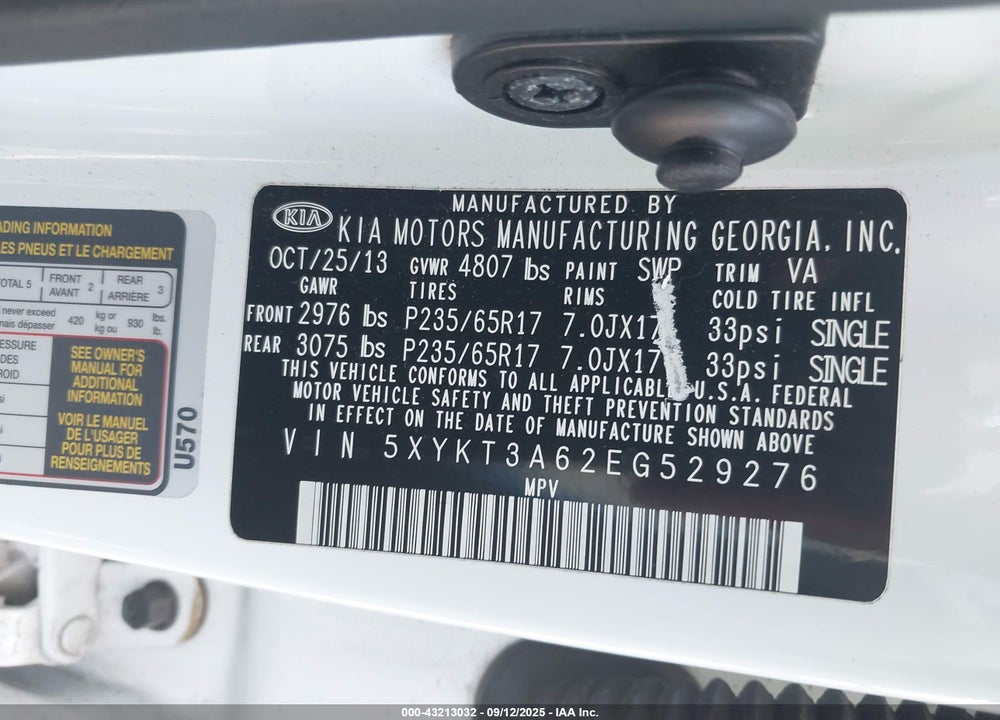 2014 KIA SORENTO VIN: 5XYKT3A62EG529276