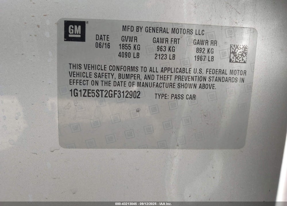 2016 CHEVROLET MALIBU 1LT VIN: 1G1ZE5ST2GF312902