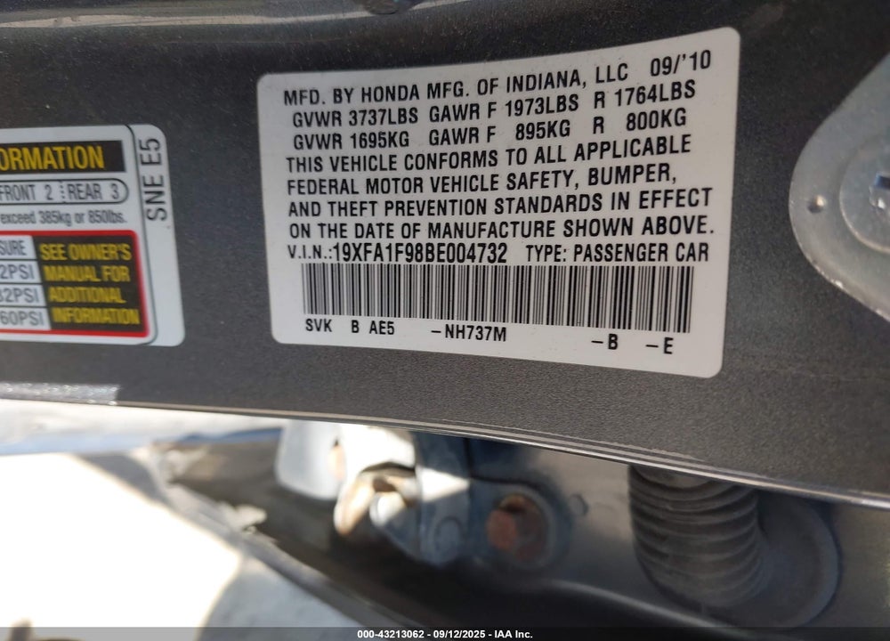 2011 HONDA CIVIC EX-L VIN: 19XFA1F98BE004732