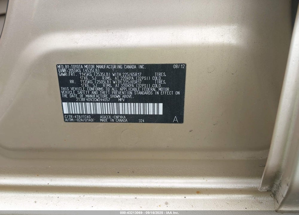 2012 TOYOTA RAV4 VIN: 2T3BF4DV2CW244057