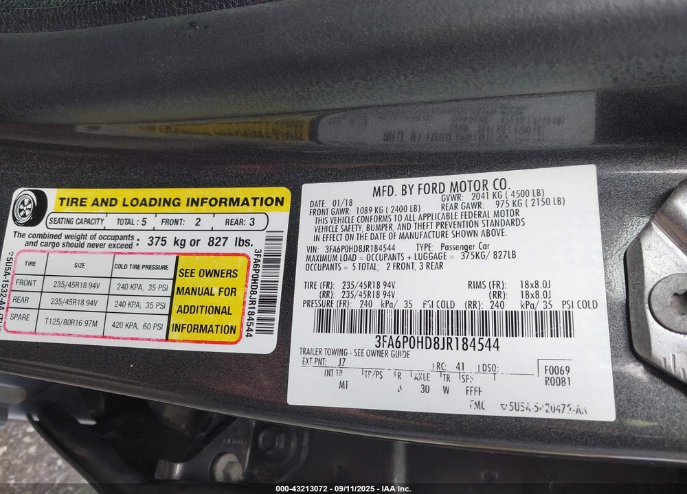 2018 FORD FUSION VIN: 3FA6P0HD8JR184544