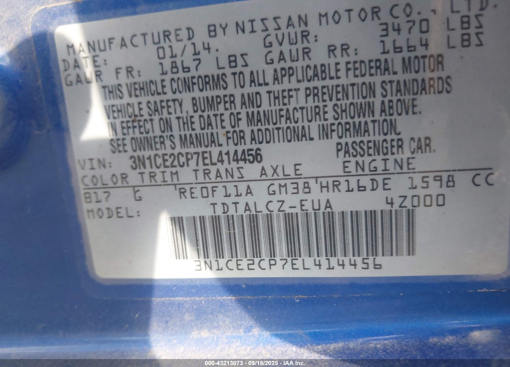 2014 NISSAN VERSA NOTE VIN: 3N1CE2CP7EL414456
