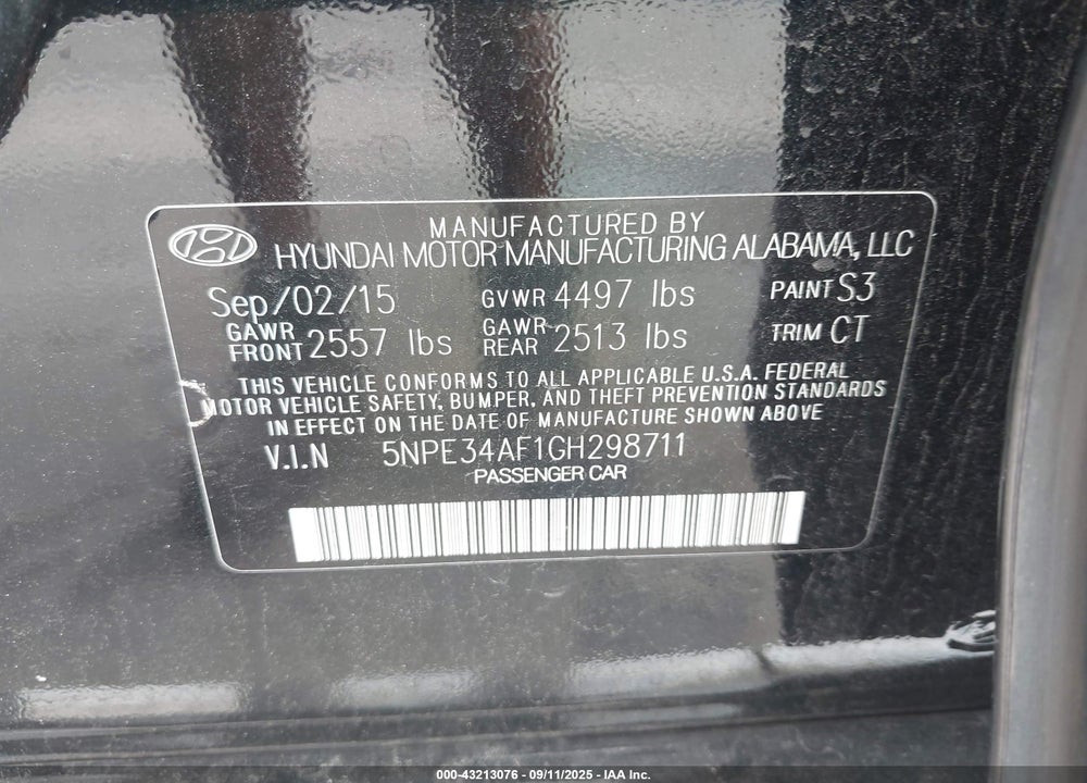 2016 HYUNDAI SONATA VIN: 5NPE34AF1GH298711