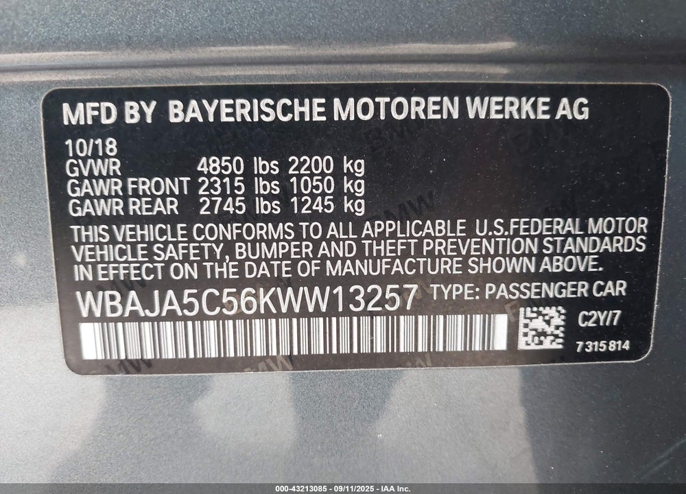 2019 BMW 5 SERIES VIN: WBAJA5C56KWW13257