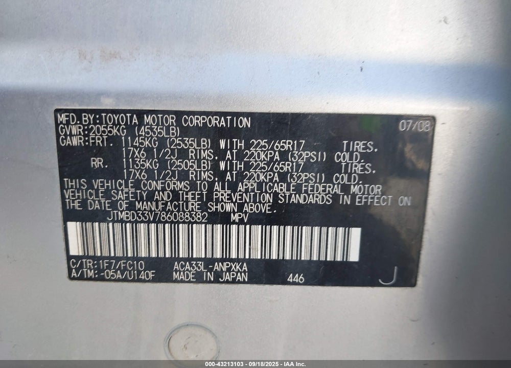 2008 TOYOTA RAV4 VIN: JTMBD33V786088382
