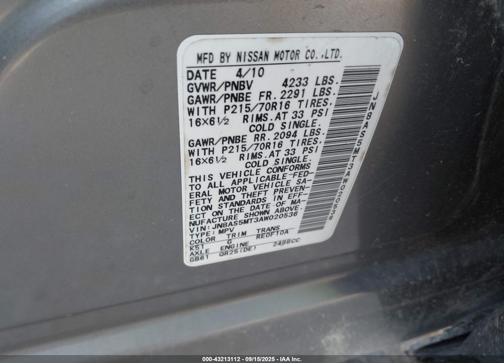 2010 NISSAN ROGUE VIN: JN8AS5MT3AW020536