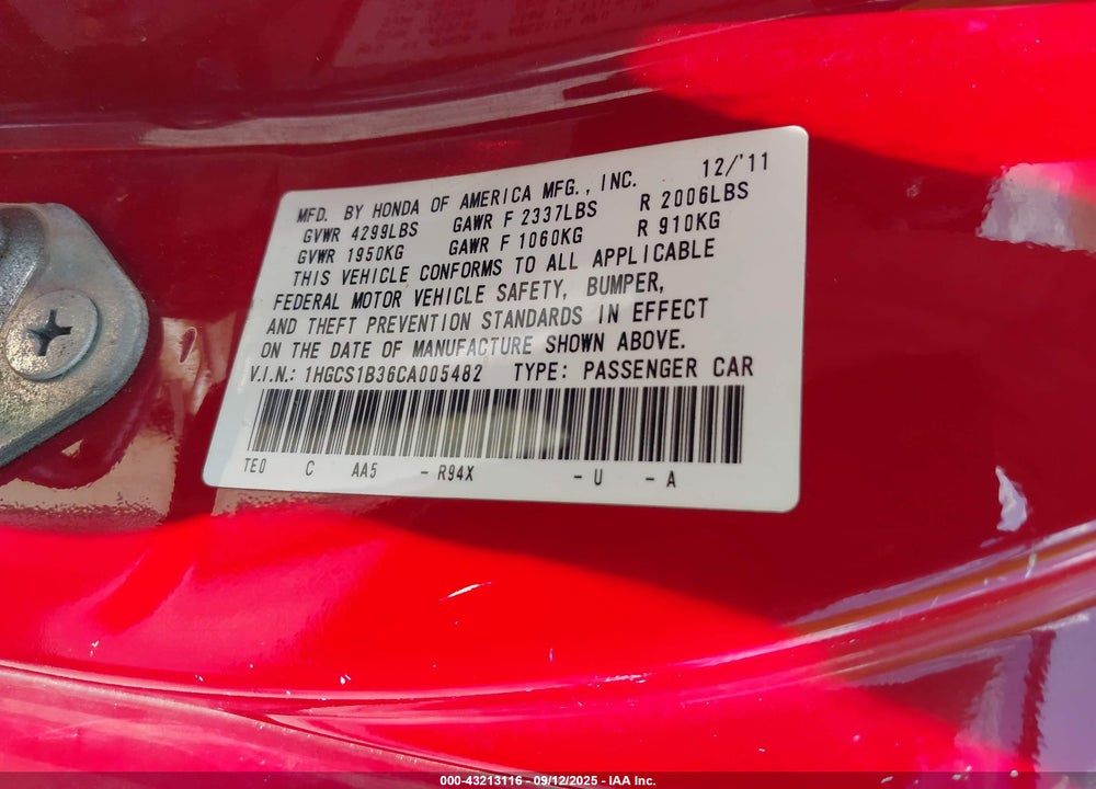 2012 HONDA ACCORD VIN: 1HGCS1B36CA005482