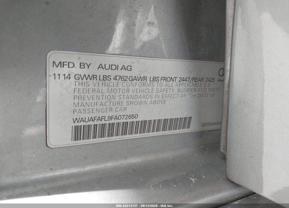 2015 AUDI A4 VIN: WAUAFAFL9FA072650