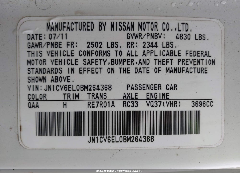 2011 INFINITI G37 VIN: JN1CV6EL0BM264368