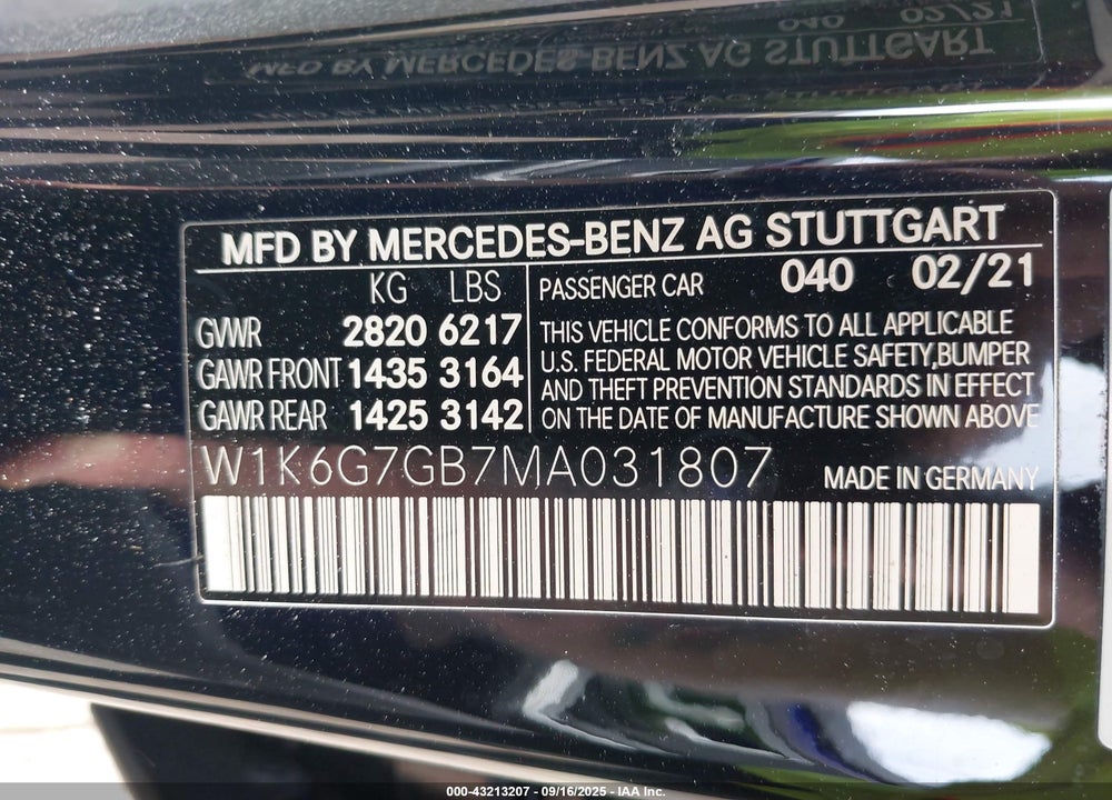2021 MERCEDES-BENZ S CLASS VIN: W1K6G7GB7MA031807
