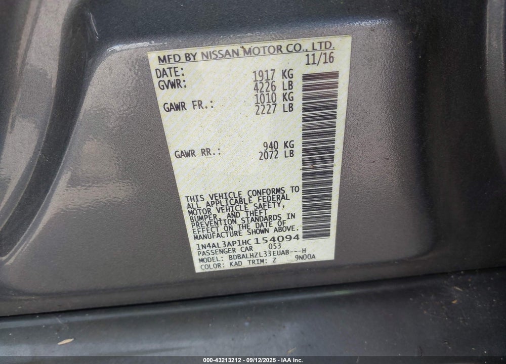 2017 NISSAN ALTIMA VIN: 1N4AL3AP1HC154094