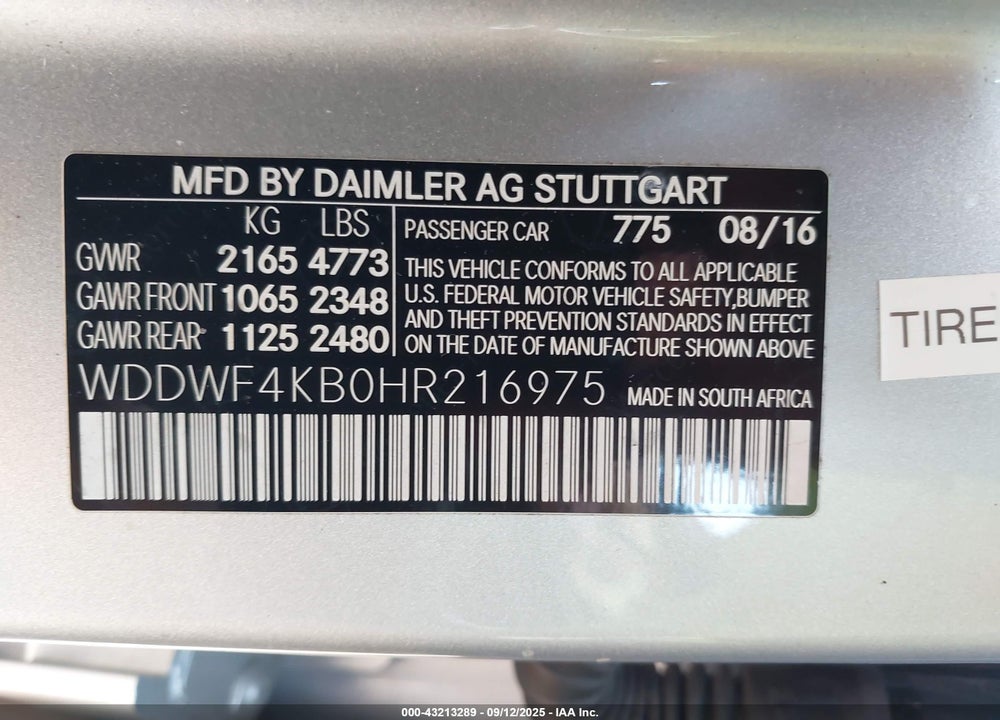2017 MERCEDES-BENZ C CLASS VIN: WDDWF4KB0HR216975