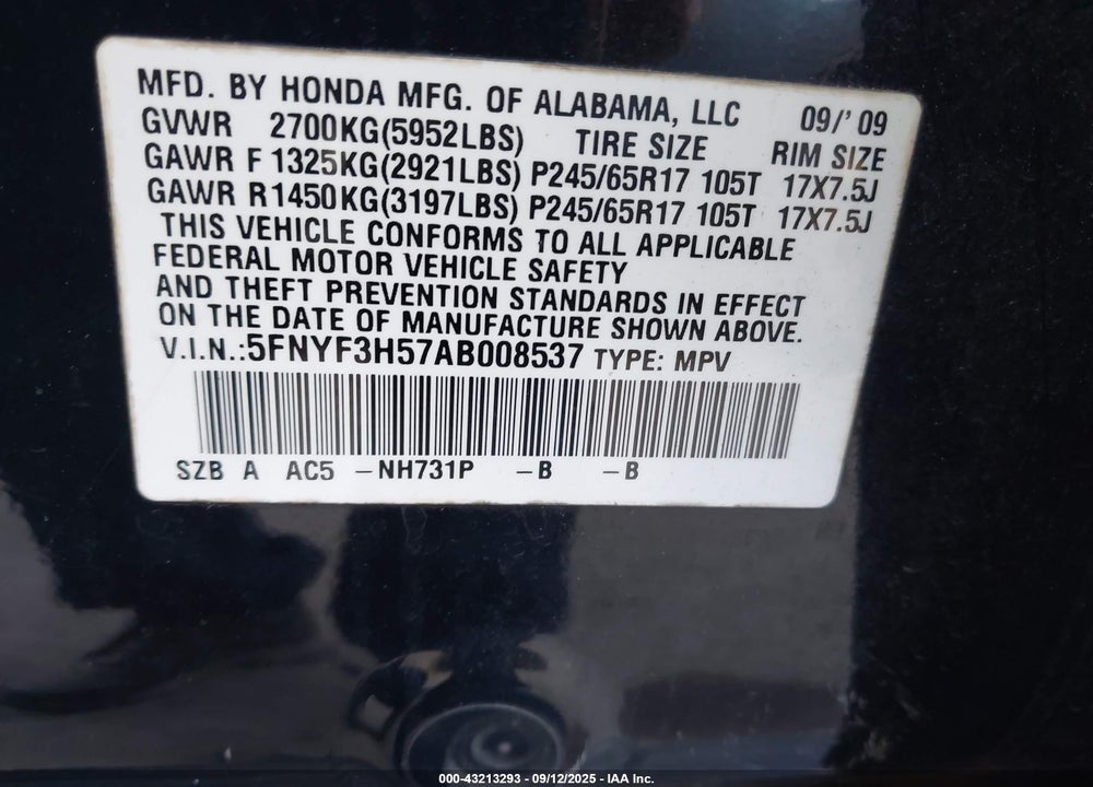 2010 HONDA PILOT VIN: 5FNYF3H57AB008537
