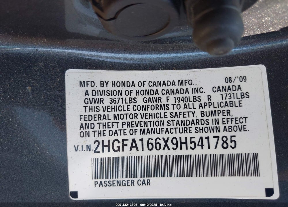 2009 HONDA CIVIC VIN: 2HGFA166X9H541785
