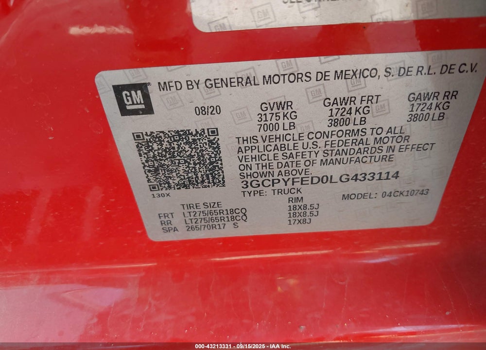 2020 CHEVROLET SILVERADO 1500 4WD STANDARD BED LT TRAIL BOSS VIN: 3GCPYFED0LG433114