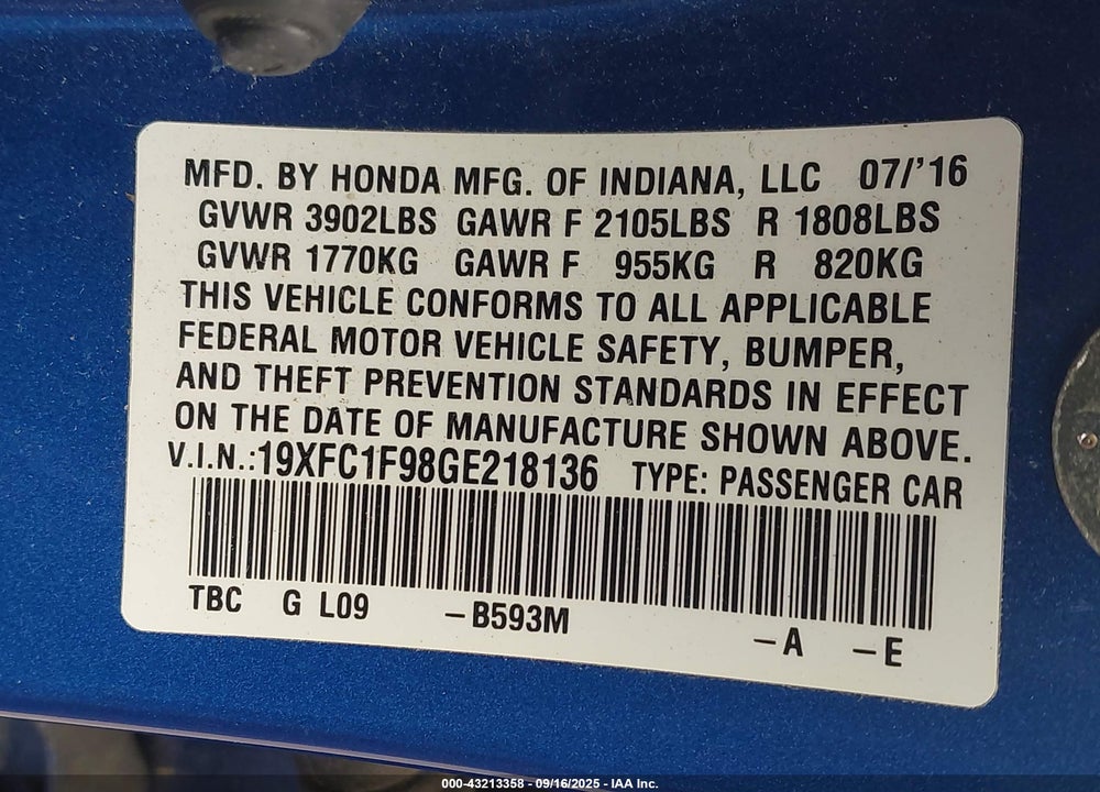 2016 HONDA CIVIC VIN: 19XFC1F98GE218136