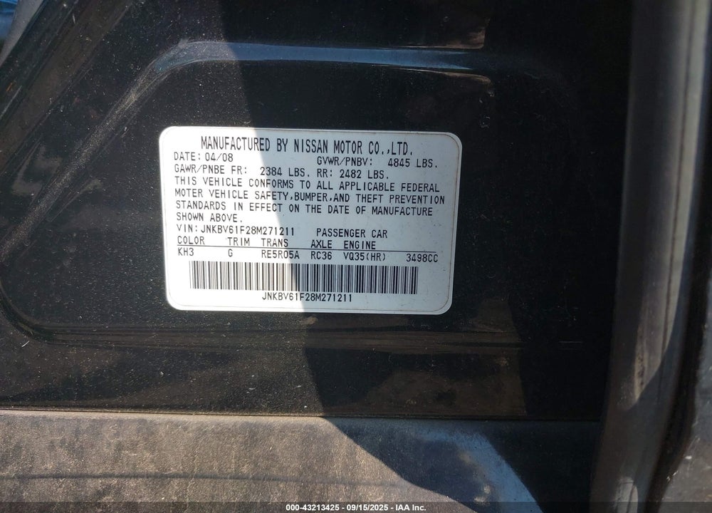 2008 INFINITI G35X VIN: JNKBV61F28M271211