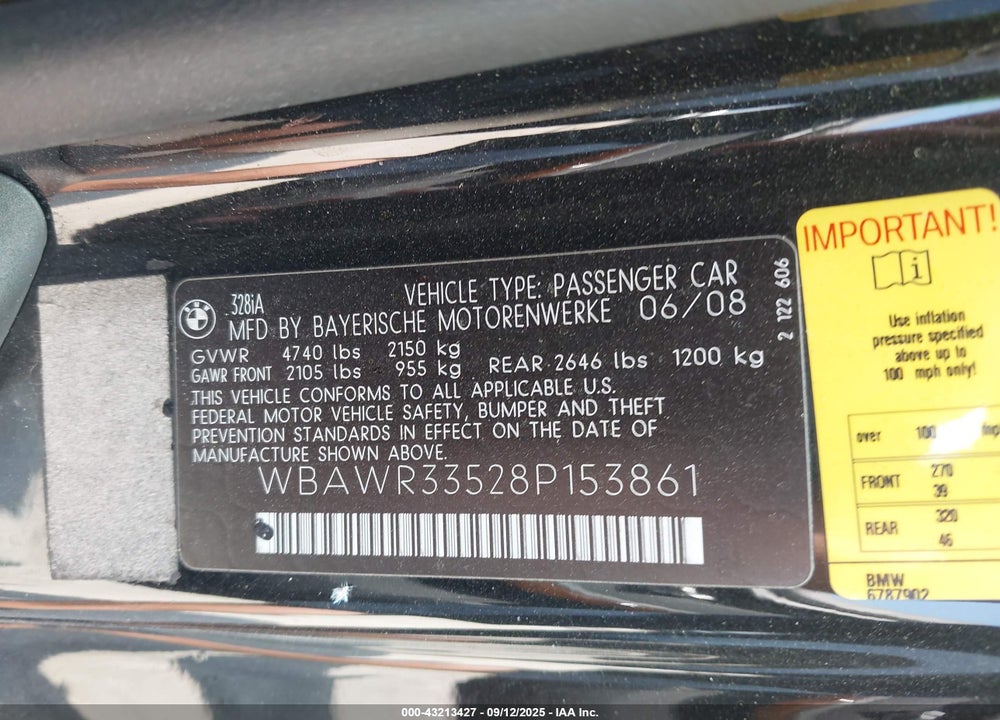 2008 BMW 328I VIN: WBAWR33528P153861