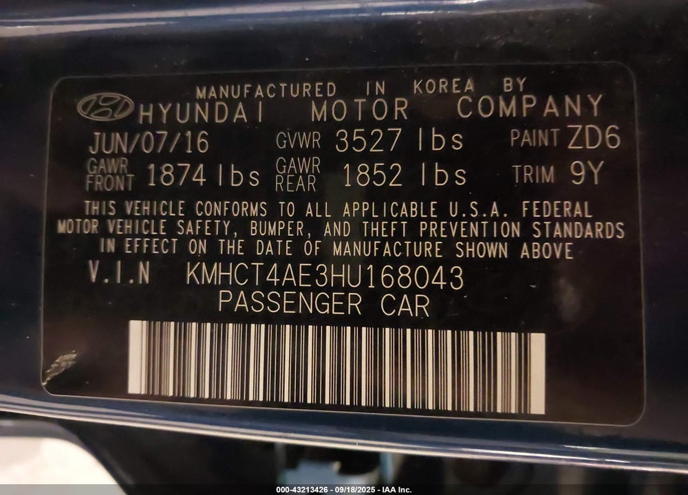 2017 HYUNDAI ACCENT SE VIN: KMHCT4AE3HU168043