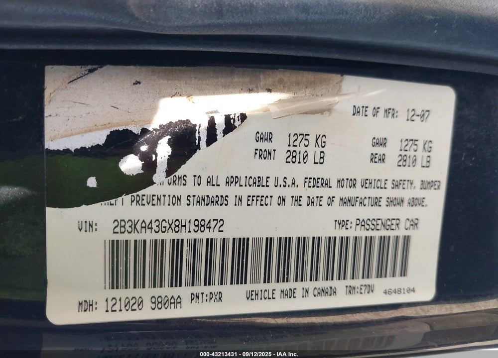2008 DODGE CHARGER VIN: 2B3KA43GX8H198472