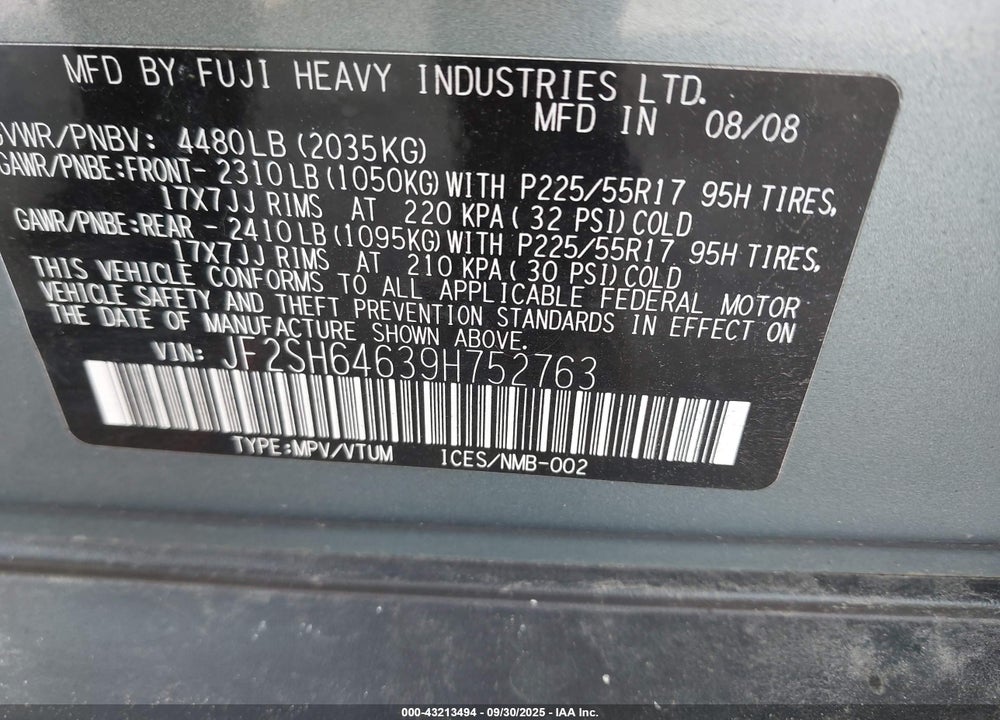 2009 SUBARU FORESTER VIN: JF2SH64639H752763